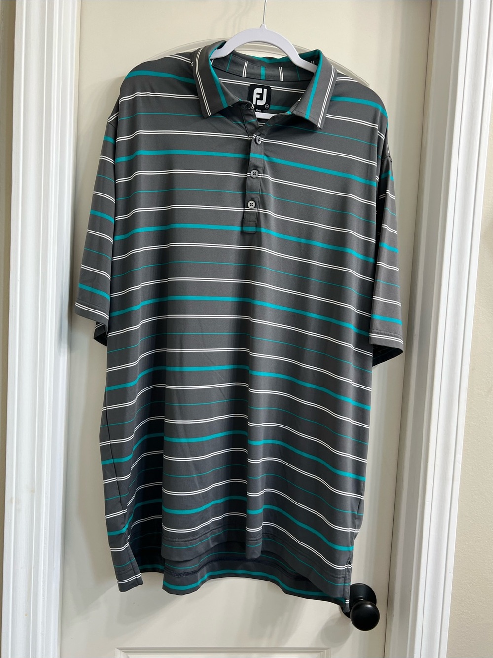FootJoy Men’s Gray Polo with Teal and White Stripes
